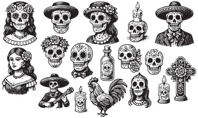 Vintage Day of the Dead Skull Illustrations Set