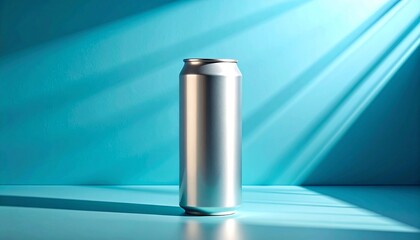 Blank silver aluminum drink can mockup standing against a blue background with dramatic lighting