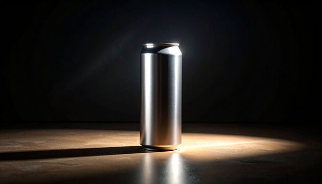 A sleek, unbranded metallic beverage can standing under a dramatic spotlight on a dark surface - Powered by Adobe