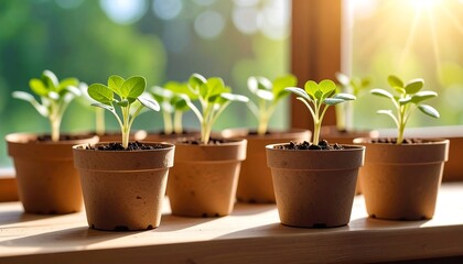 Obraz premium Young plants in terracotta pots, sunlight through window