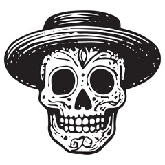 Vintage Day of the Dead Sombrero Skull Illustration