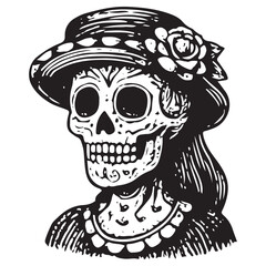 Vintage Day of the Dead Floral Hat Catrina Illustration