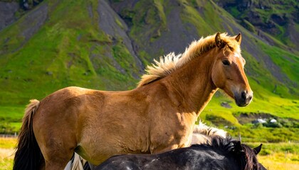 Obraz premium Icelandic horses in a vibrant landscape