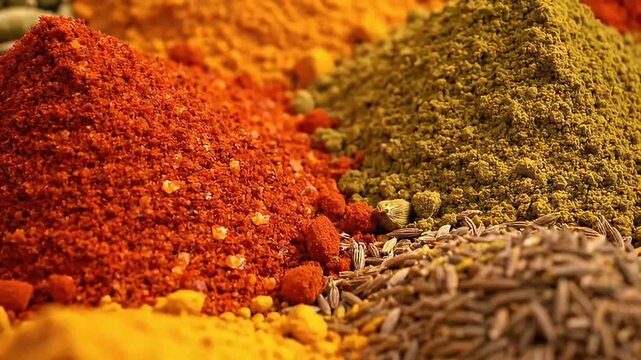 assorted colorful culinary spices turmeric cumin chili powder