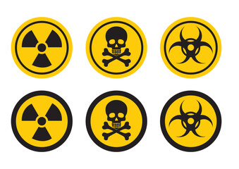 Collection of warning symbols including biohazard, toxic hazard, and radiation icons on a safety yellow background
