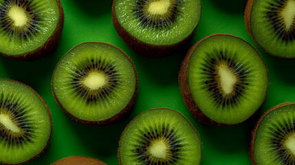 Ripe, approved kiwi fruit pattern, top view, close-up, food photography, delicious, fresh, vibrant green color, natural lighting, studio setting