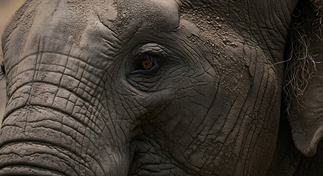Close up of an african elephant eye shows detailed texture and expression