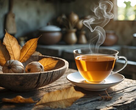 Clear glass cup with warm golden tea, steam rising, rustic wooden bowl with dried loquat leaves and monk fruit