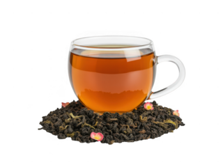 Hot brewed tea in a clear glass cup surrounded by loose leaf tea blend
