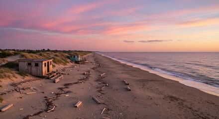 Serene coastal landscape at sunset with sandy beach and ocean view