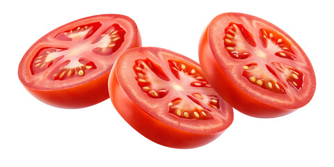Fresh Ripe Tomato Halves with Seeds and Juicy Interior Isolated on Transparent Background
High-Resolution Close-Up of Glossy Red Tomatoes Cut in Half Against Clean Isolated Surface