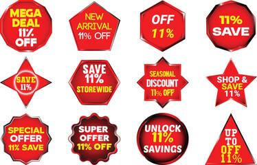 Collection of twelve red sale discount tags and labels with text and 11 percent offers vector