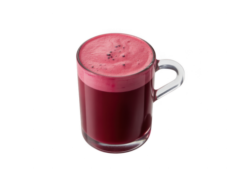 Refreshing red drink in a clear glass mug with frothy top