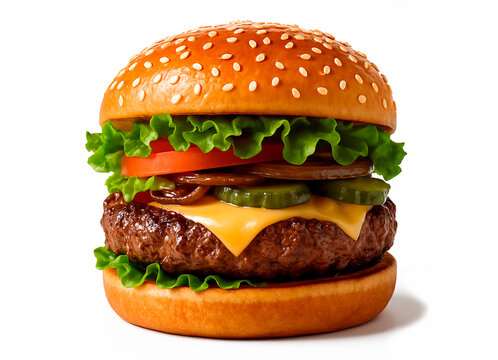 Gourmet hamb&uacute;rguer artesanal com carne suculenta, vegetais frescos, queijo derretido e cebolas caramelizadas, servido em p&atilde;o brioche. Isolado em fundo branco, ideal para fotografia de alimentos, menus