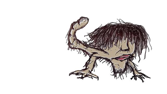 Side view full body portrait of mutant repitle monster colored hand drawn illustration walking across 2d looped animated video