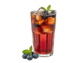 Refreshing blueberry iced tea drink with fresh berries and mint sprig