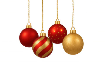Hanging red and gold christmas ornaments decorating holiday seasons and winter celebrations, isolated with a transparent background