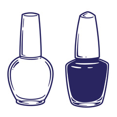 Hand drawn outline of nail polish bottles in blue and white colors for beauty concepts