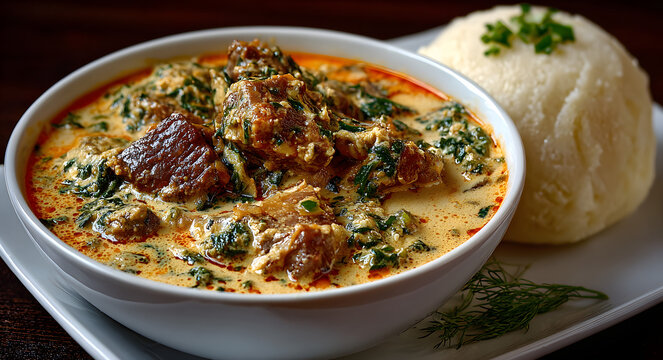A bowl of thick, creamy Egusi soup with chunks of meat, served alongside a smooth mound of pounded yam.