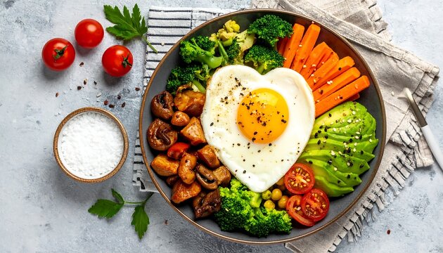 Heart-shaped egg on a colorful bowl of vegetables - Powered by Adobe