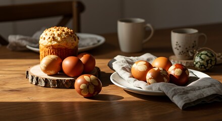 Easter tabletop still life decorated eggs and sweet bread composition