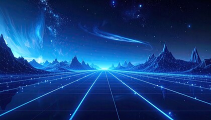 Abstract Cyberpunk Landscape With Glowing Blue Grid Lines And Pixelated Mountains Under Starry Sky With Nebulas Digital Art