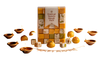 A Diwali sweets pack surrounded by lit diyas and traditional Indian sweets isolated on a transparent background