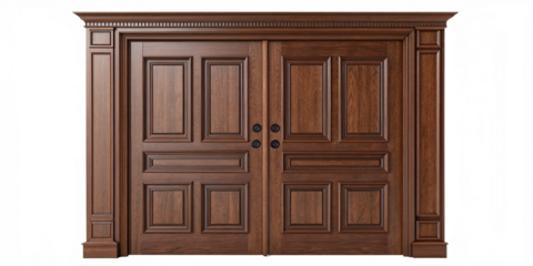 Grand Wooden Double Door with Classical Architectural Frame on Transparent Background
Elegant Dark Wood Double Door with Columns and Crown Molding Isolated