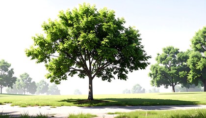 Fototapeta premium Lush green tree in a park-like setting, with a paved path and hazy background