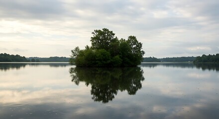 Serene lake landscape with a small island and reflective water surface