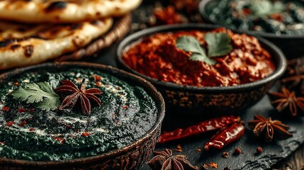 Bowls of colorful sauces and bread on a dark surface with spices.