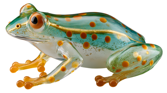 A vibrant green glass frog figurine with orange spots, meticulously crafted, sits on a white surface.