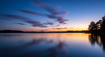 Serene lake sunset with colorful sky and calm water reflection