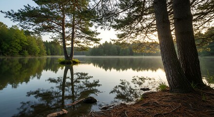 Serene lake landscape with trees reflecting in the calm water at sunrise