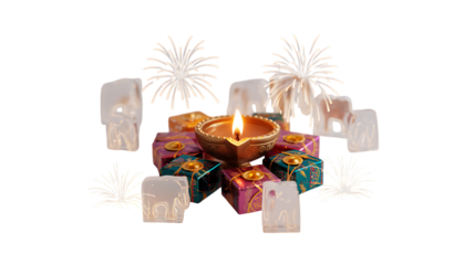 Lit diya surrounded by Diwali gift boxes and translucent elephant figures isolated on a transparent background