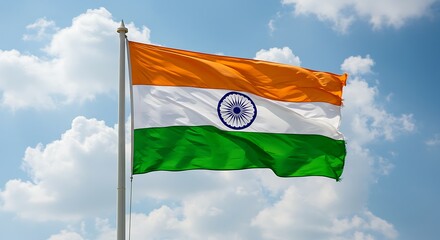 Indian flag waving against a blue sky with clouds on a sunny day