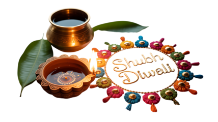 Traditional diya and brass pot with colorful festive decorations and Shubh Diwali text isolated on a transparent background