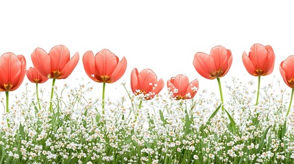 Naklejka premium Row of Pink Tulips with White Wildflowers on White Background