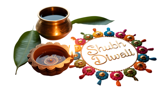 Traditional diya and brass pot with colorful festive decorations and Shubh Diwali text isolated on a transparent background