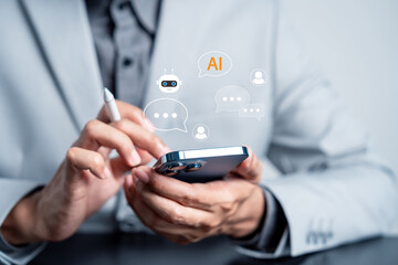 AI chatbot assistant concept. Mobile phone with digital chat bubbles and artificial intelligence automation, customer support, and smart communication in daily business use.