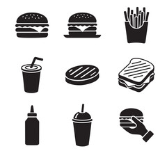 A collection of black and white fast food icons featuring burgers, fries, a sandwich, drinks, and sauces. Ideal for menus, apps, or branding focused on quick service and casual dining.