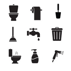 A clean and minimalist of bathroom icons designed for stock use. Includes toilet, toilet paper, plunger, faucet, waste bin, brush, shower head, and soap dispenser to illustrate bathroom concepts