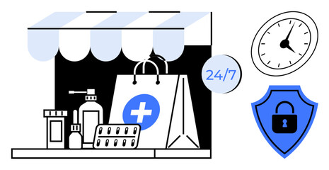 Pharmacy supplies under an awning with cross symbol. Includes pills, clock, 247 label, and shield with lock. Ideal for healthcare, safety, convenience, timing delivery e-commerce trust themes