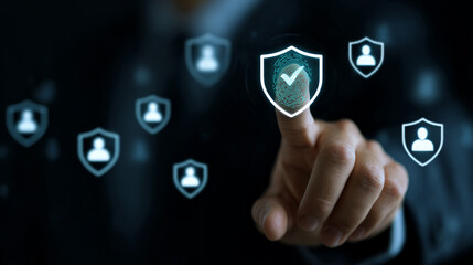 Cybersecurity data protection concept with fingerprint and checkmark in a shield symbol. Finger touch points to the digital fingerprint.