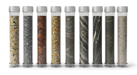 Diverse geological material samples in clear test tubes, showcasing a range of granular textures, colors, and patterns for scientific and industria...
