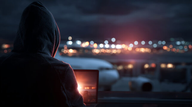Hacker with laptop targeting airport at night.