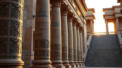Ancient stone pillars with intricate carvings leading to a grand staircase, embodying classical architectural elegance.