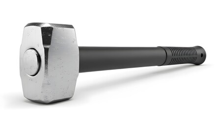 Robust Steel Sledgehammer with Black Handle Isolated on White Background, Heavy Duty Demolition Tool for Construction and Industrial Work