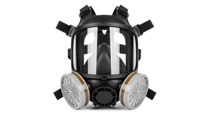 Professional Full-Face Respirator Mask with Dual Cartridge Filters, Black Protective Gear for Industrial and Chemical Safety, Isolated on White Bac...