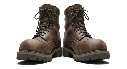 Sturdy Brown Leather Work Boots with Laces and Textured Soles, Low Angle View, Isolated on Clean White Background, Representing Durability and Hard...